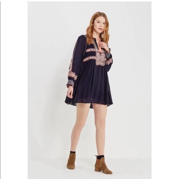 Free People Wind Willow Embroidered Navy Long Sleeve Mini Peasant Dress XS - Picture 5 of 12